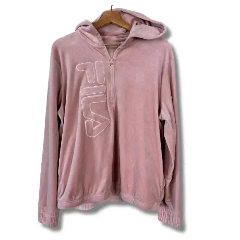 Fila Velour Quarter Zip Pullover Cropped Hoodie Pink XL